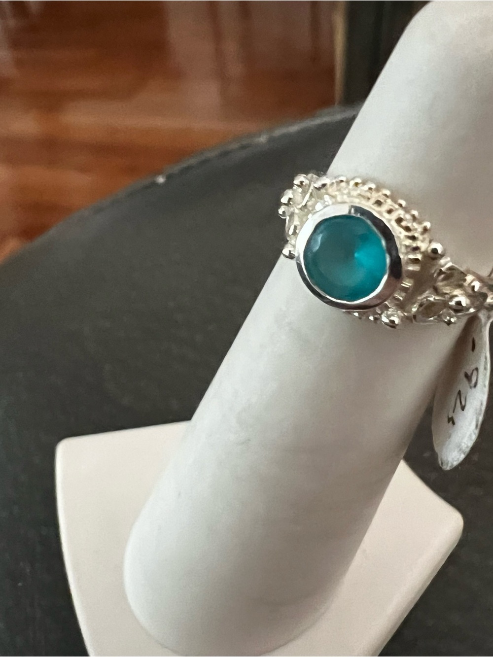 Sterling Silver Filigree Ring with Teal Glass Cabochon